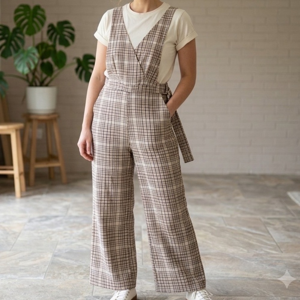 Bershka Plaid Pinafore Jumpsuit Womens Medium Wide Leg Bib Overalls